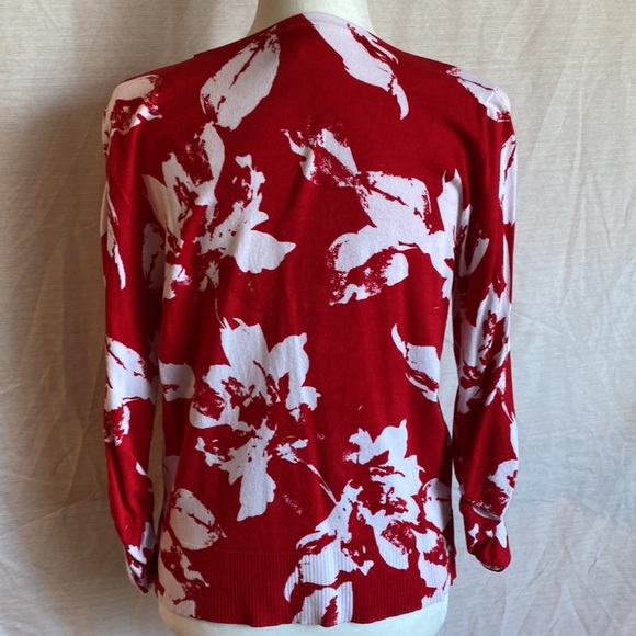INC Floral Red/White Cardigan; Clear sequins; crystal buttons; 3/4 sleeves. SZ M - Picture 3 of 9